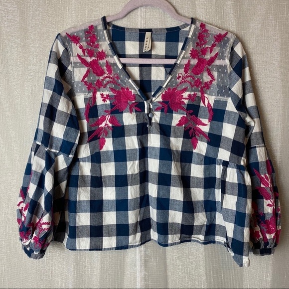 Roper Tops - Roper Blue and white with Pink floral top ~M